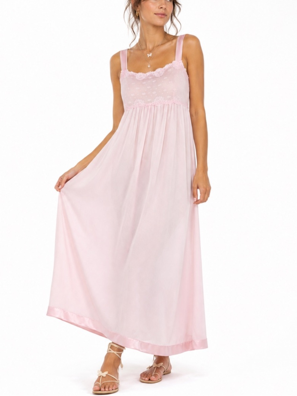 Vintage 70s Shadowline Pink Babydoll Maxi Nightgown Coquette Fairy Princess XS/S